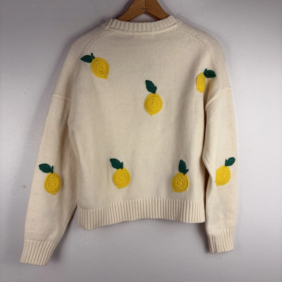 Boden Lemon Sweater Hand Embroidered Wool Alpaca Warm Ivory Small Preppy Novelty - Image 4 of 4