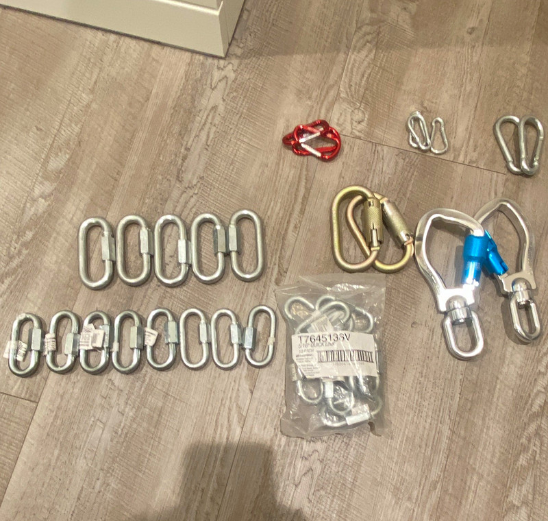 35 Steel and Aluminum D-Shaped Carabiners Lot w/ Swivel Quick Links, Mixed