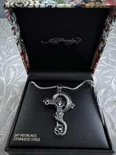 "Collar Ed Hardy Calavera Cruz Serpiente Acero Inoxidable Colgante Gótico Cadena 24"""