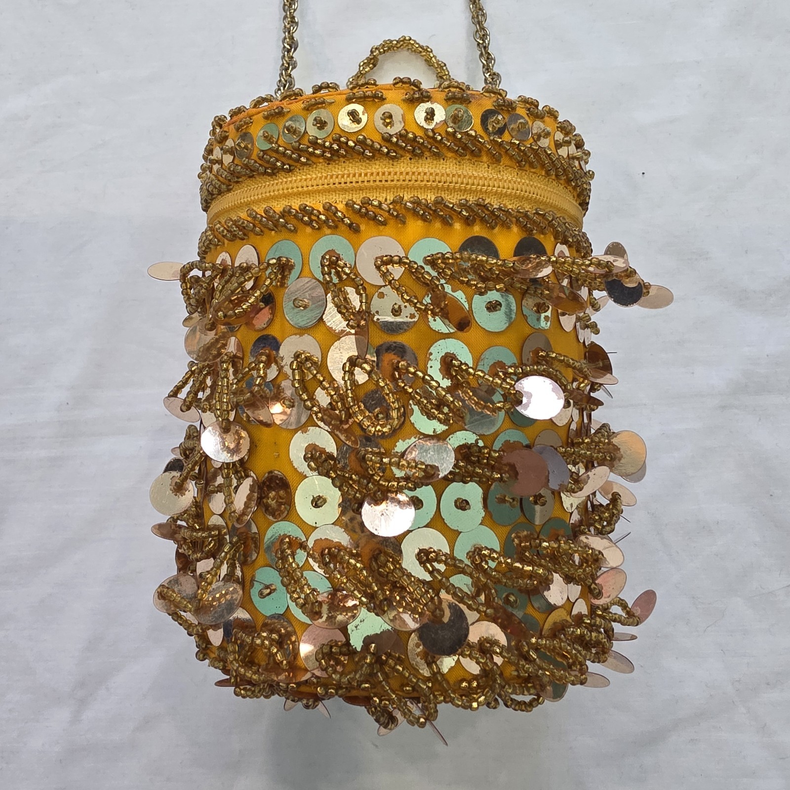 Vintage Gold Beaded Purse With Gold Metal Chain Round Zip