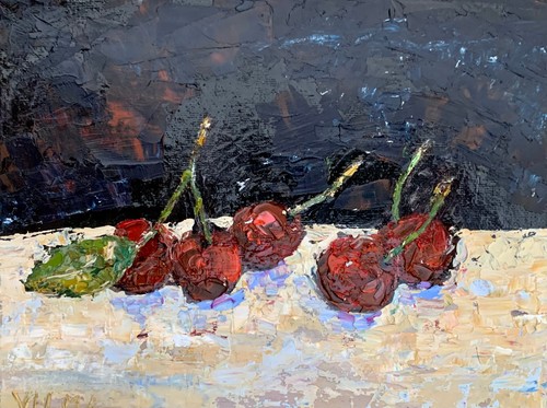 Nature morte de cuisine peinture huile sur toile peinture originale cerises signée - Photo 3/7