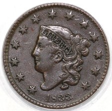 1833 1c N-6 Coronet or Matron Head Large Cent ANACS VF 25