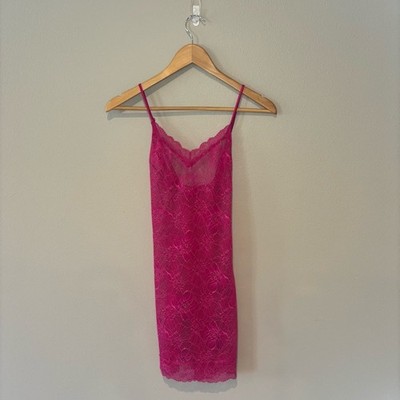 VICTORIA S SECRET Hot Pink Magenta Lace Slip Nighty Dress Negligee Medium NWOT