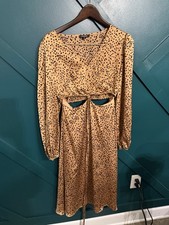 mittoshop Tan Black Polka Dot Cut Out Midi Dress Long Sleeve Size M