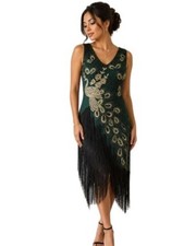 Art Deco Peacock Beaded Fringe Flapper Dress V-Neck Size S Teal Black