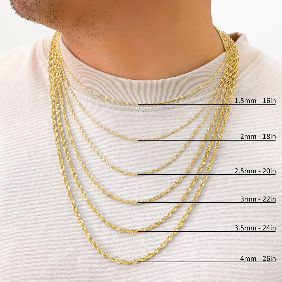 Collar de cadena de cuerda con corte de diamante láser de oro amarillo de 14K de 1 mm-4 mm para hombres y mujeres de 16"-30" Foto 2 de 4