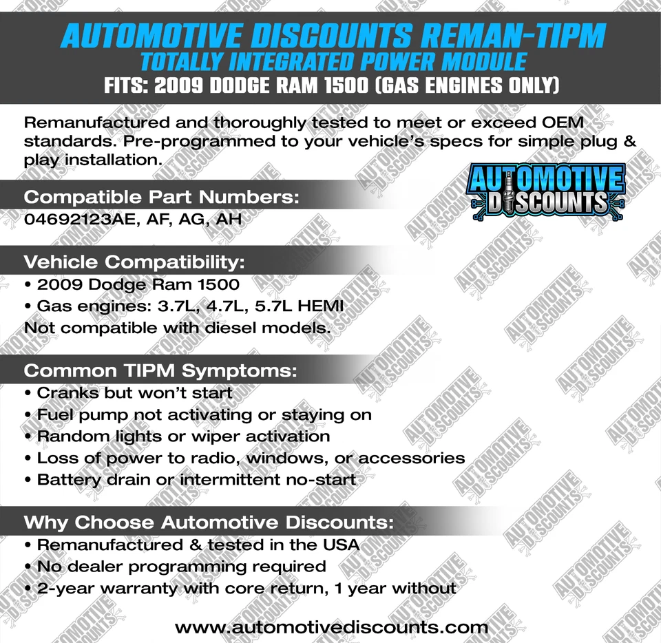 Dodge RAM 1500 2500 3500 2009 OEM remanufacturado OEM TIPM 04692123AF Plug & Play Foto 4 de 4