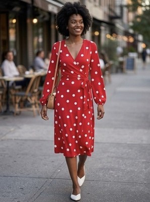 red long sleeve polka dot dress Wine Red Bishop Sleeve Polka Dot Midi Dress