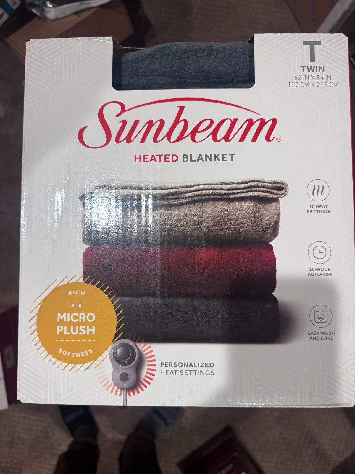 Sunbeam Heated Electric Blanket Microplush 10 Heat Settings Slate grey gray Twin