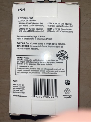 ACE 42727 Manual Thermostat For Double Or Single Pole Heating System 120/240V - Picture 2 of 2