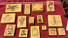 Lot of 15 Halloween Themed Wood Mounted Rubber Stamps Mixed - Witches, Scare B