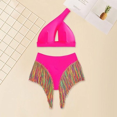 Damen Bikini Set Bequem Hohe Taille Unterteil Mit Fransen Mode Badeanzug