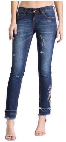 Grace in LA Women's Floral Embroidered Distressed Ripped Skinny Stretch Jeans - Picture 2 of 3
