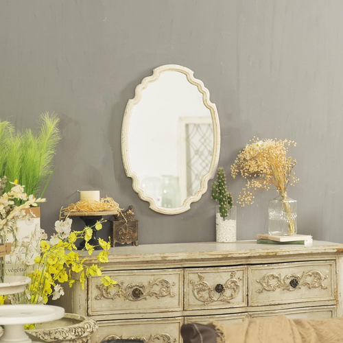 Vintage Sculpted Oval Mirrors for Wall Decor 23 Inch, Distressed White Ornate Ac - Picture 5 of 8
