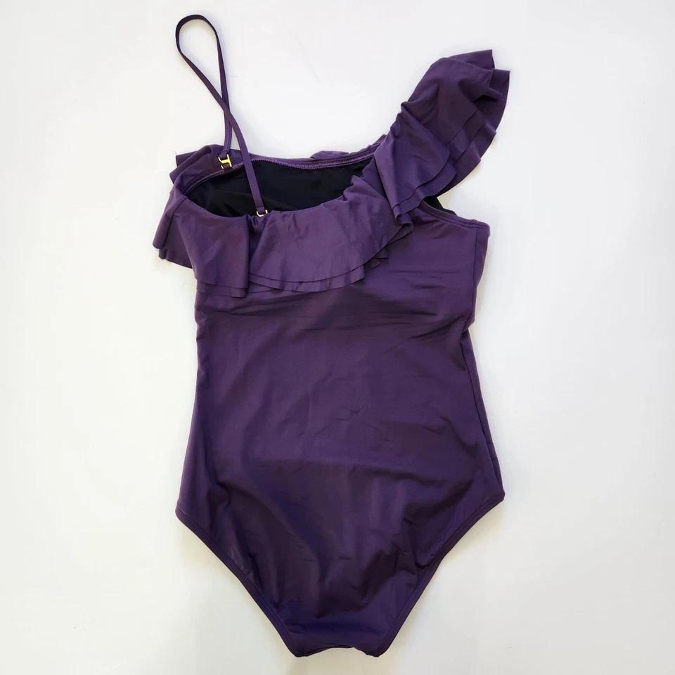 Traje de baño Carmen Marc Valvo nuevo sin etiquetas de una pieza para mujer 12 púrpura con volantes en un hombro Foto 2 de 4