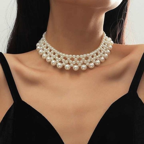 White Faux Pearl Multi Strand Layering Bead Chunky Jewelry Choker Bib Necklaces - Picture 6 of 8