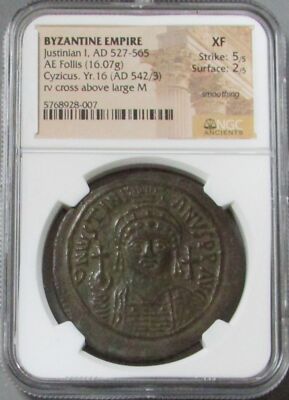 527- 565 AD BYZANTINE EMPIRE AE FOLLIS JUSTINIAN CYZICUS COIN NGC