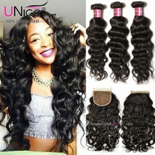 UNice Indian Natural Wave 3 Bundles Human Hair Extension with Lace Closure Weave