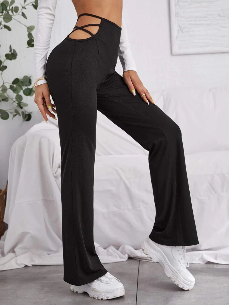 Womens Mid Waist Cut Out Pants Laddering Stretch Comfy Flare Leg Night Out  Pants