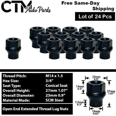 24Pc BLACK 14x1.5 OPEN END EXTENDED THREAD ET LUG FIT FORD GMC RAM LINCOLN&MORE