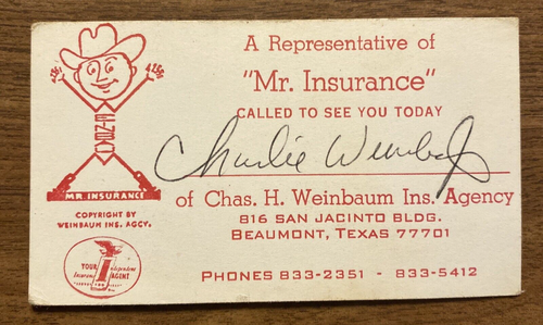 Tarjeta de visita vintage de la agencia de seguros Chas H Weinbaum de los años 70 Beaumont Texas P1H
