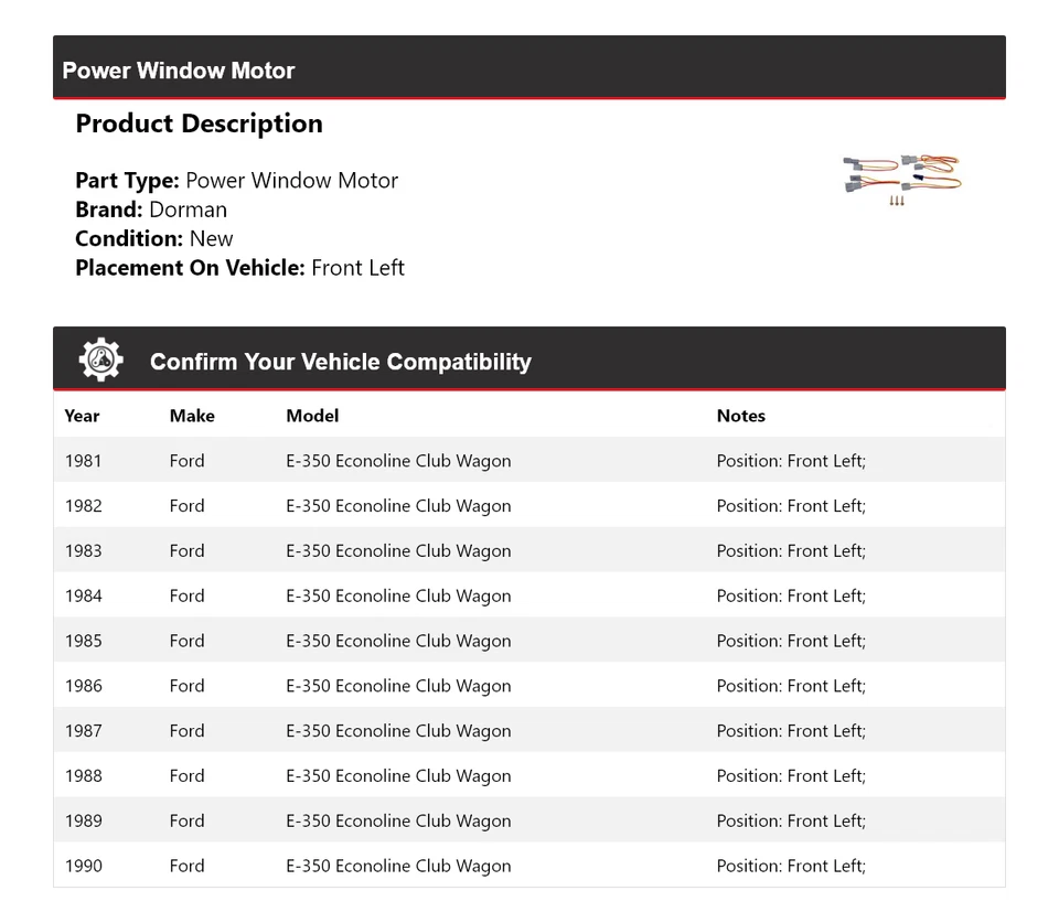 Мотор стеклоподъемника с электроприводом 1982 для Ford E-350 Econoline Club Wagon Dorman 1981-1990 годов выпуска - Изображение 2 из 4