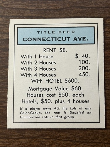 Vtg 1965 Monopoly Replacement Title Deed Cards ~ Lt Blue ~ Conn Oriental Vermont - Picture 6 of 7