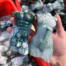 Moss Agate Body Sculptures 4.7" - Earth Energy Couple, Natural Healing Crystal