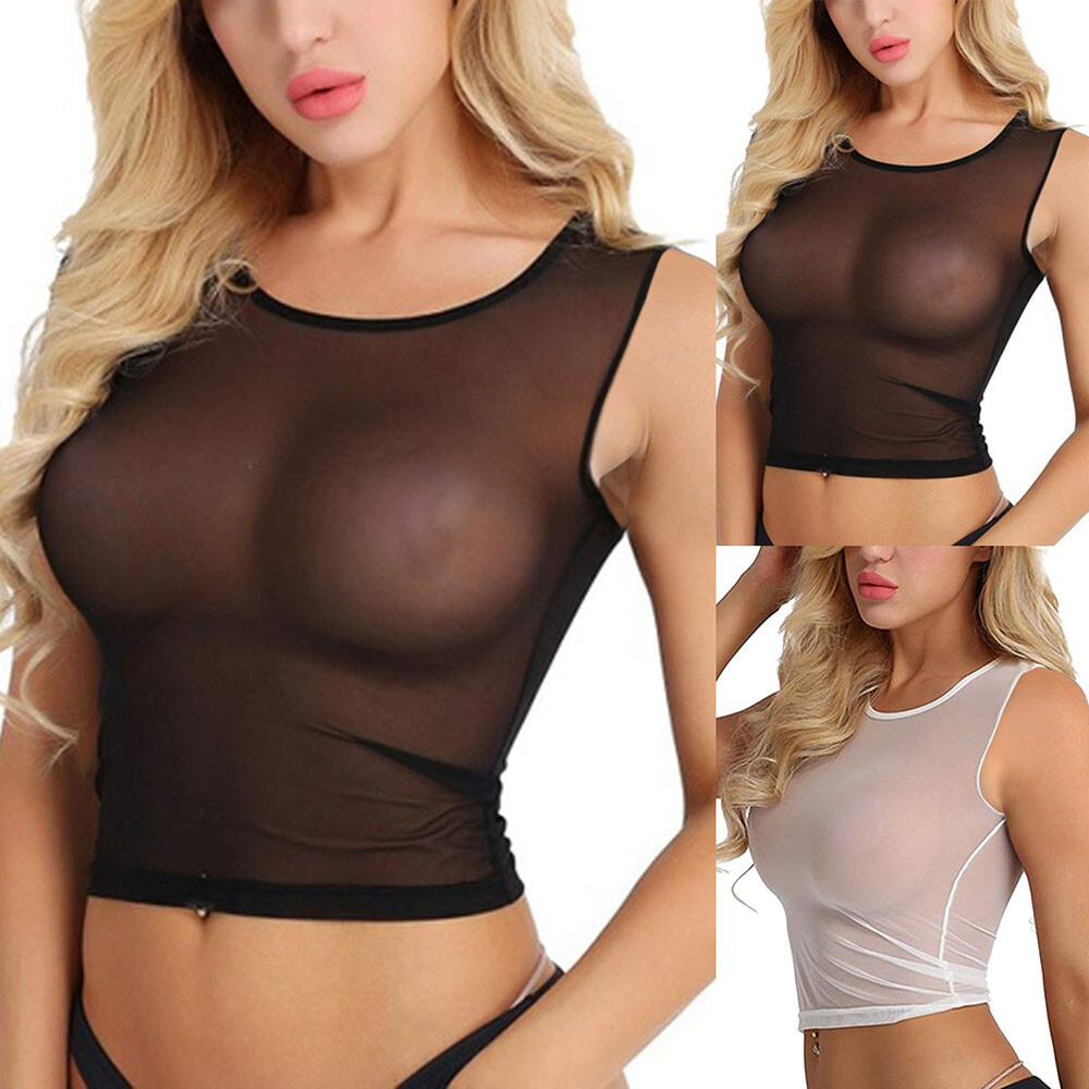 Crop Top Tank Top Sleeveless T-shirt Vest Sheer Tees Mesh Cami Solid Sexy Summer-image