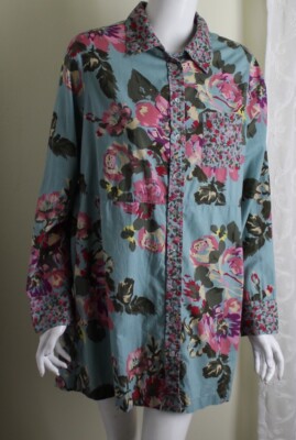 Soft Surroundings Sz L Cabbage Rose Shabby Chic Pink Blue Fine Cotton Tunic Top