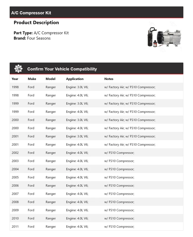 Kit de compressor A/C Ford Ranger 1998-2011 4 estações 1999 2000 2001 2002 2003 - Imagem 2 de 4