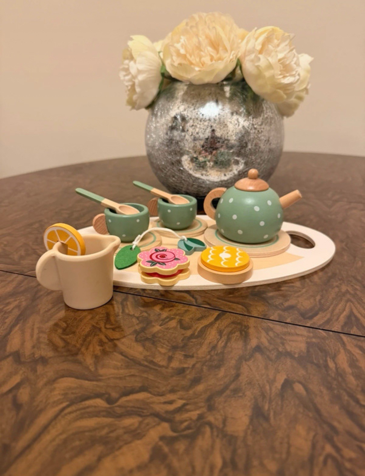 Wooden Tea Party Set Role Pretend Play with Accessories for Toddlers Kids