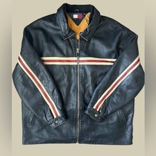 Vtg Tommy Hilfiger 90s Leather Motorcycle Jacket Mens XL Racer Stripe