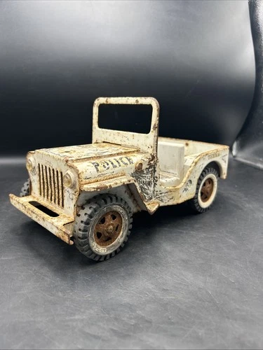 Vintage Tonka Police Jeep Pressed Steel Truck 1960s White USA Patina Toy 4x4-EL