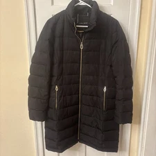 Ivanka Trump Coat Jacket L Puffer Quilted  Black Zip Front Hold Accents