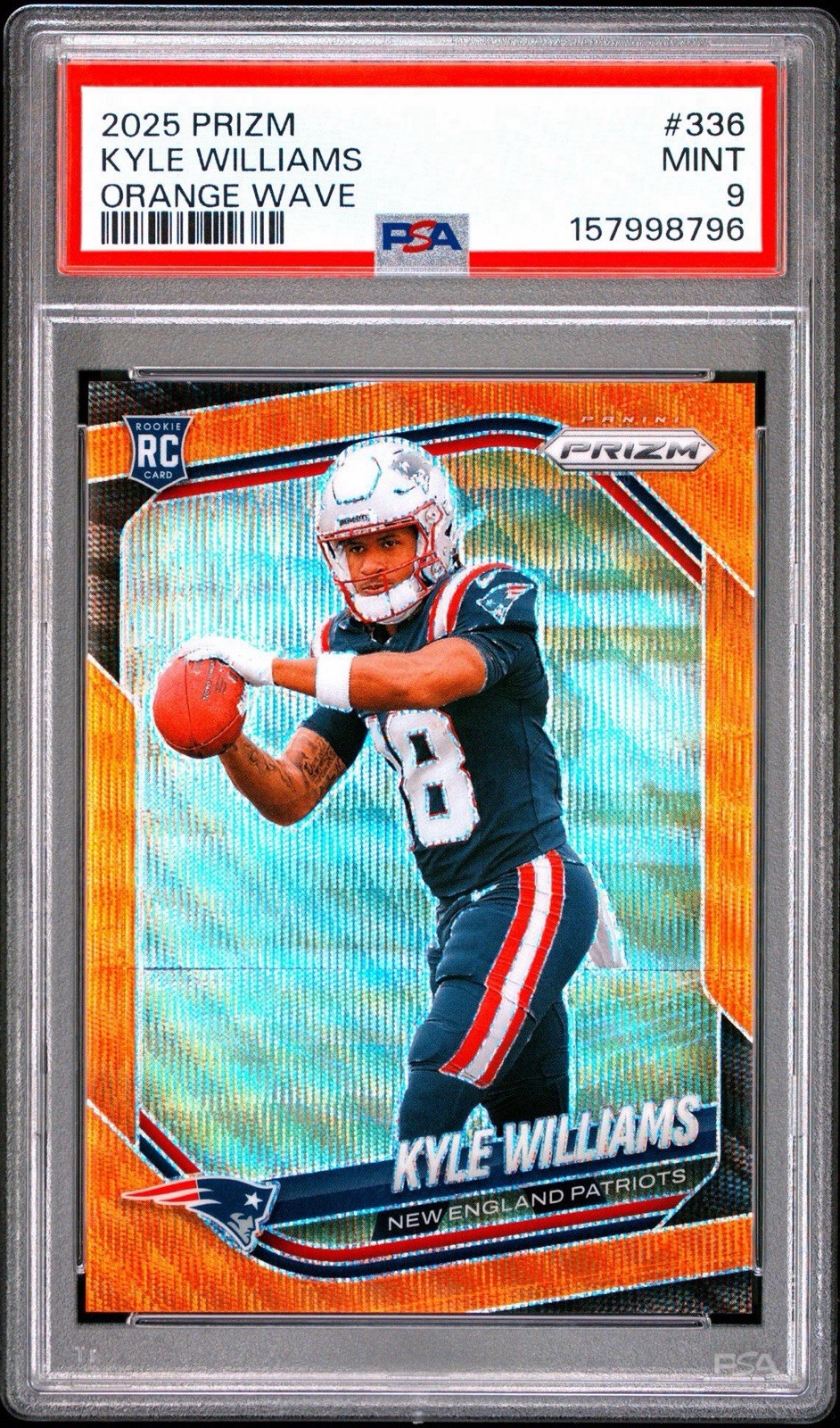 2025 Panini Prizm Rookies Kyle Williams #336 Orange Wave /65 RC PSA 9 Patriots