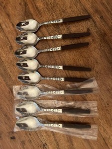 Interpur INR2 Brown Wood Canoe MCM Stainless Spoons - Set of  8 -Japan
