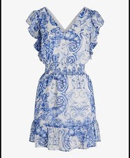 Express Printed V-Neck Flutter Sleeve Smocked Waist Mini Dress NWT XL