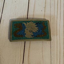 VTG Mexico Belt Buckle InlaySnake Serpent Warrior Mayan /Aztec Southwest Cowboy