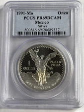 1991 Mo PCGS PR69 DCAM MEXICO 1 oz Silver Libertad Un Onza TONING ~10,000 Minted