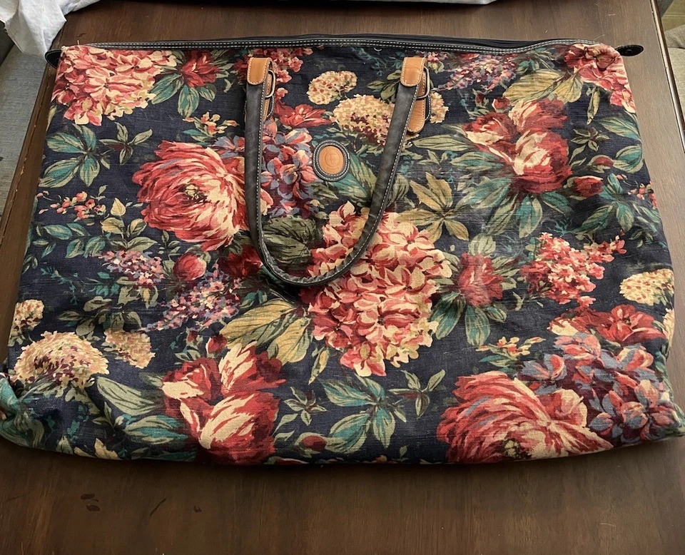 Bolso de Lona Vintage Gitano Fin de Semana Floral Azul Marino Cuero Detalle Alfombra Cremallera XL Foto 3 de 4