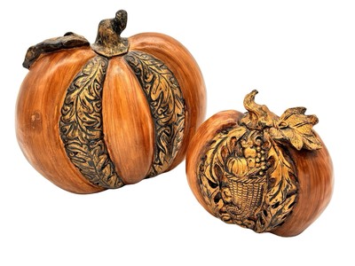 Set Of 2 Fall Cornucopia Harvest Pumpkin Vines Leaves Gold Autumn Table Decor