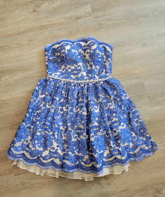 Lace dress formal size 7 Jodi Christopher  rhinestones blue strapless
