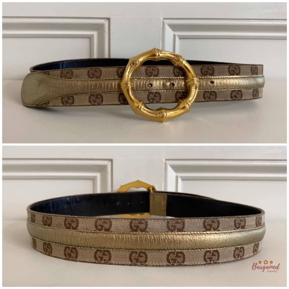 【レア商品】 GUCCI ゴールドバンブー ベルト Auth Gucci Monogram Canvas Gold Metallic Leather Bamboo