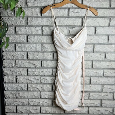 NWT $118 Oh Polly Mini Dress Size 0 White Ruched Rhinestone Sexy Fitted Bride