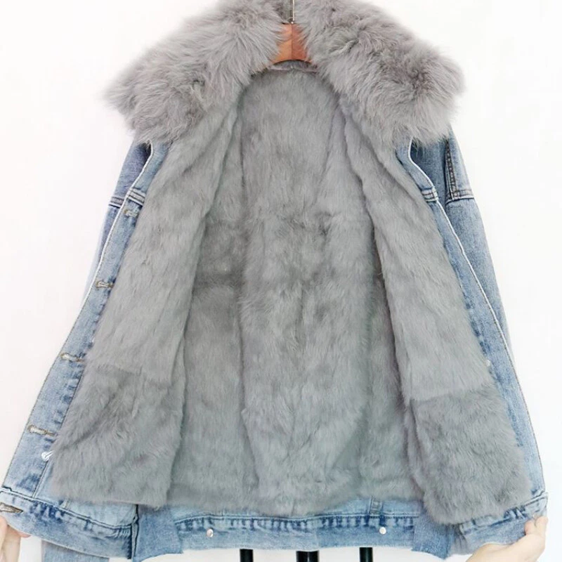 Women Faux Fur Lined Denim Jacket Coat Thick Fluffy Furry Collar Winter Warm - Image 4 of 4