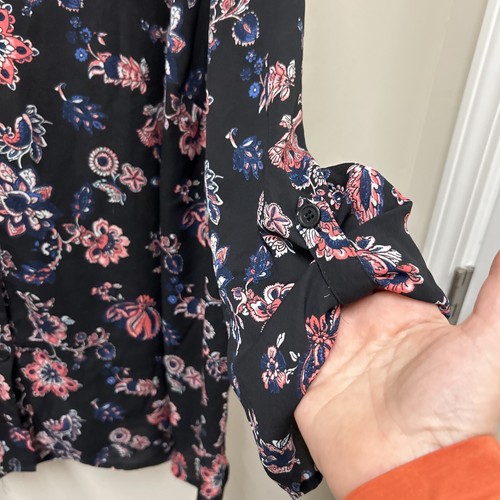 Catherines Womens Blouse 3X Black Floral Tunic Top Roll Tab Flowy Sheer Career - Picture 4 of 11