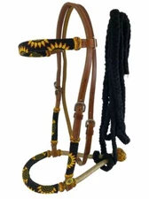  Showman Leather Bosal Headstall w/ Sunflower Design Beaded Overlays & Reins!