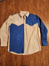 Vtg Karman Western Button Shirt Cowboy Rodeo Color Block USA Blue/ Tan