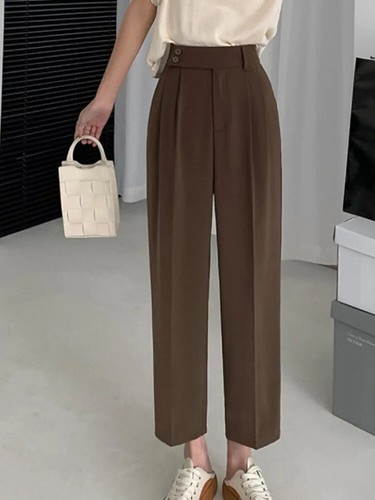 Women's Full Pants Summer Buttons Female Minimalism Straight Trousers - Picture 6 of 18